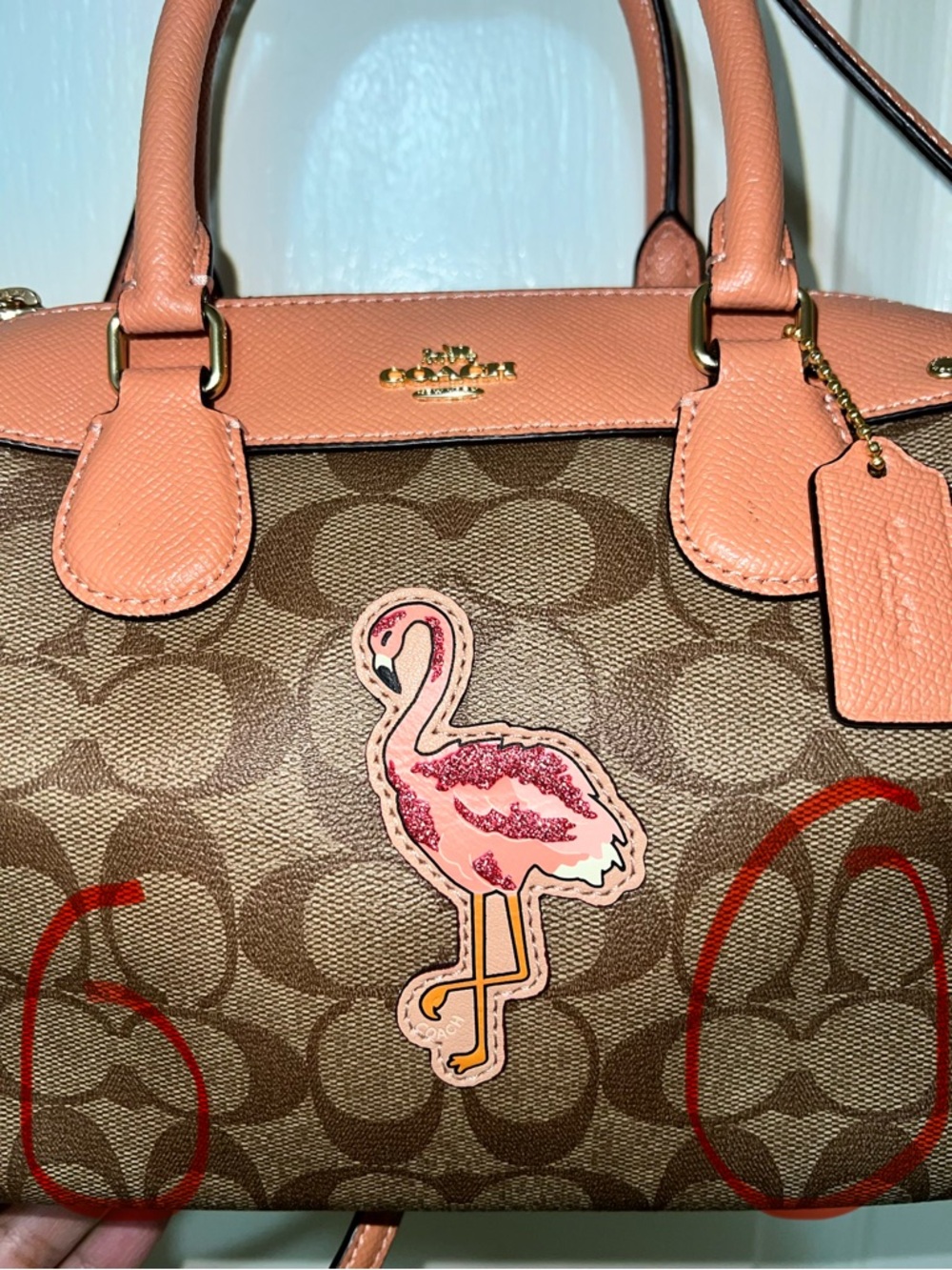 Coach Brown Signature Satchel with Pink Flamingo Accent - Picture 2 of 11